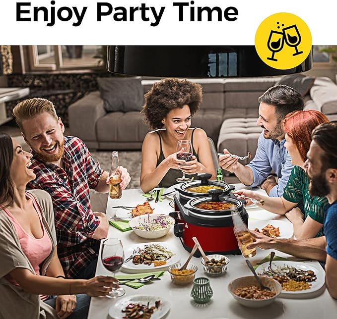 Sunvivi Double Slow Cooker,2 Pot Small Mini Crock Buffet Servers and Warmer,Dual Pot Oval Manual Slow Cooker with Adjustable Temp Removable Ceramic Pot,Stainless Steel, Total 2 * 1.25 Quarts Red