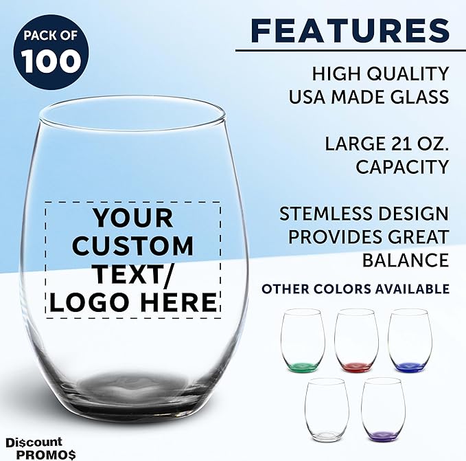 DISCOUNT PROMOS 100 ARC Stemless Wine Glasses Set, 21 oz. - Customizable Text, Logo - Chardonnay, Cabernet, Merlot, Sauvignon - Black