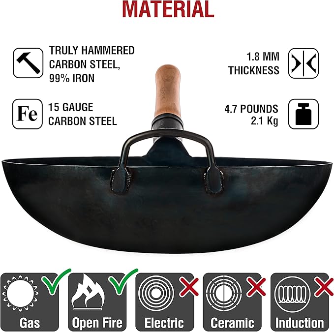 YOSUKATA 14” Round Bottom Carbon Steel Wok Pan – Blue Pre-Seasoned Pow Wok for Stir Fry, BBQ, Grill & Camping – Traditional Japanese & Chinese Cookware – Compatible with Gas Stoves & Open Fire Only