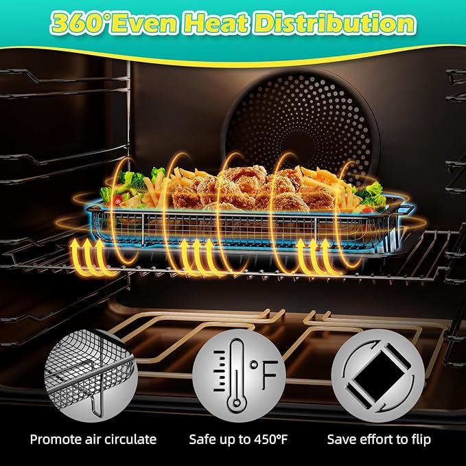 Air Fryer Basket, OPENICE 2 Set Air Fryer Pan and Crisper Tray for Oven, Non-stick Oven Air Fryer Basket for Baking and Crispy Foods - Black