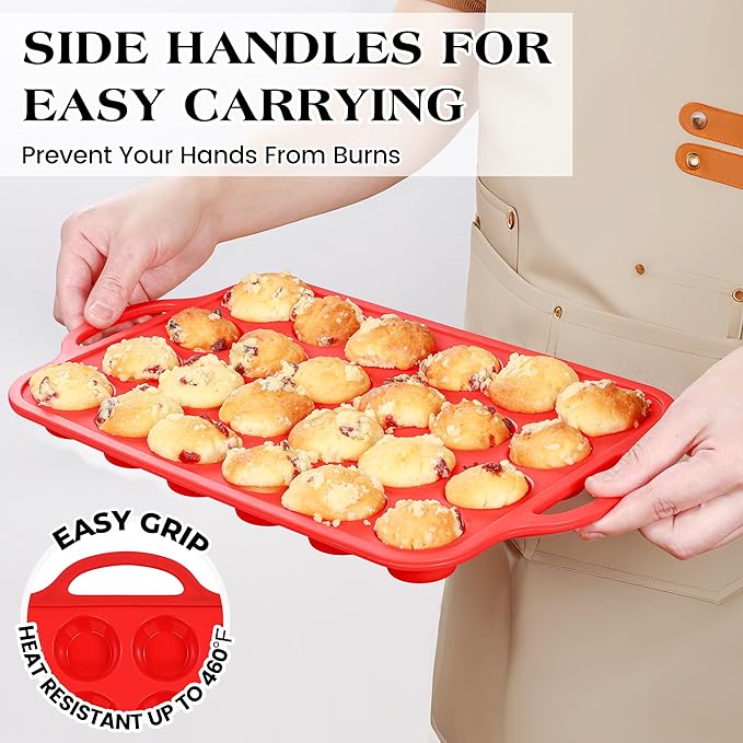 Silicone Mini Muffin Pan With Stainless Steel Reinforced Frame 24 Cups Nonstick Cupcake Molds for Baking Silicone Muffin Tray with Handles(1 Pc, Red)
