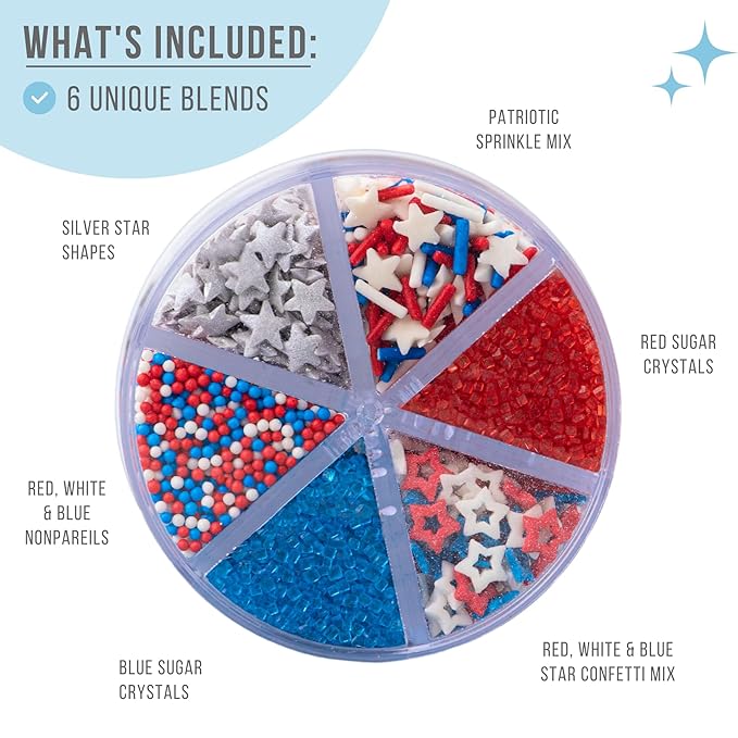 Sweets Indeed Sprinkles 6 Cell Edible Sprinkle Mix Jimmies Perfect for Cake Decorations Baking Ice Cream Cookies Cupcake Topper (Patriotic)