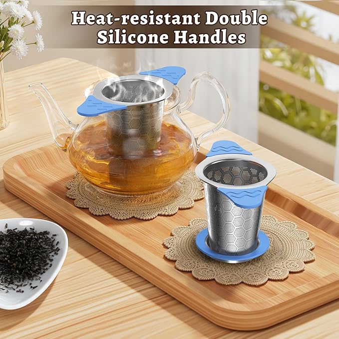 Tea Infuser for Loose Leaf Tea,18/8 Stainless Steel Tea Infuser with Heat Proof Silicone Handles,Extra Fine Mesh Tea Strainers Filter Fine Tea Leaves Effectively,Fits TeaPots/Mugs -Blue
