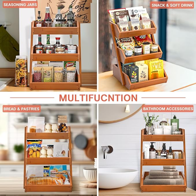 G.a HOMEFAVOR Fruit Basket for Kitchen, 3-Tier Fruit Bowl for Kitchen Counter, Vegetable Storage Stand for Fruit Shop, 15 mm Thickness, Brown