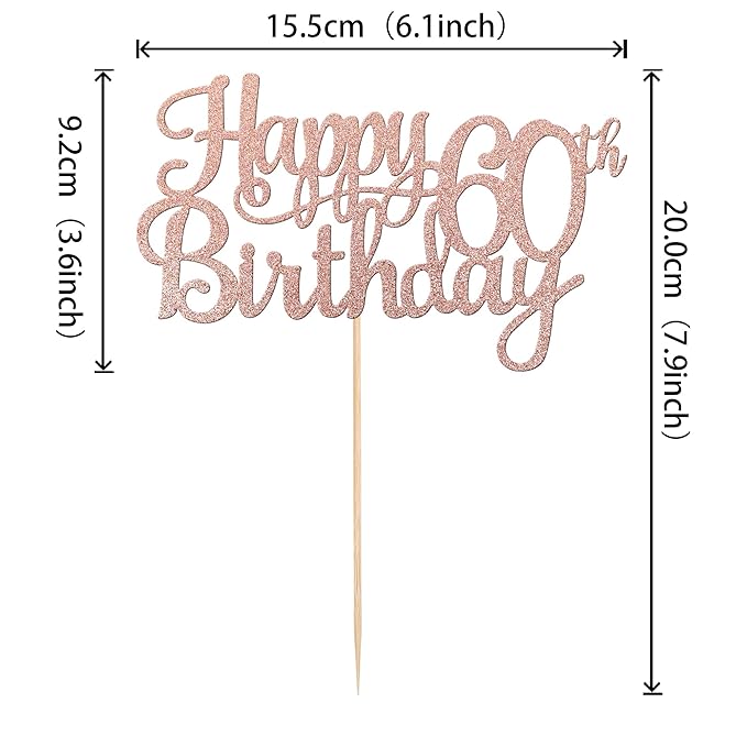 1 PCS Happy 60th Birthday Cake Topper Glitter Cheers to 60 Years Birthday Cake Pick 60 Fabulous Cake Decoration for Happy 60th Birthday Anniversary Party Decorations Supplies Rose Gold