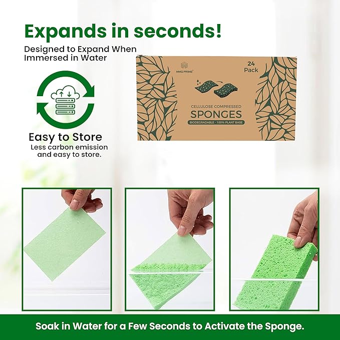 Cellulose Sponges - 24-Pack Multicolored Compressed Natural Sponges for Kitchen - Biodegradable, Non-Scratch, Quick-Dry for Cleaning, Dishes, DIY Cutouts