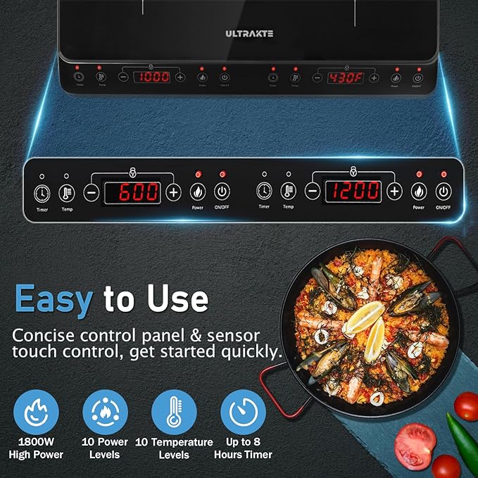 Double Induction Cooktop, ULTRAKTE Portable Dual Countertop Burner with Sensor Touch, 1800W Induction Cooktop 2 Burner, Electric Countertop Cooker with 10 Temp & Power Levels, 8-Hour Timer,Safety Lock