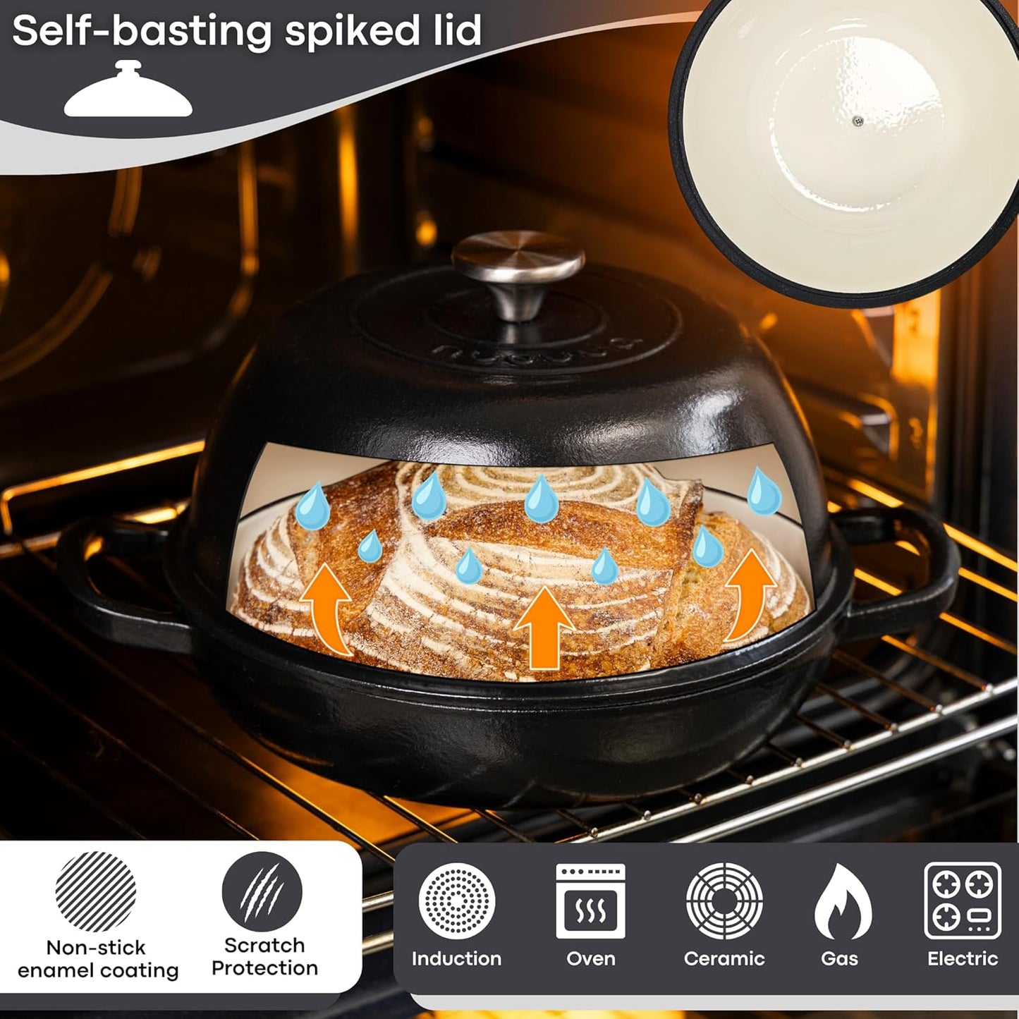 Enamelled Cast Iron Dutch Oven Pot – Dutch Oven For Sourdough Bread Baking – Cast Iron Bread Pot – Black, 6 Quarts, 22cm – by Nuovva