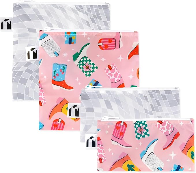 Roamio Reusable Sandwich and Snack Bags, for Kids School Lunch and for Adults Portion, Washable Fabric, Waterproof Cloth Zip Bag, Travel Pouch, Food-Safe Storage, 4-pack Set Cowgirl Boots and Disco