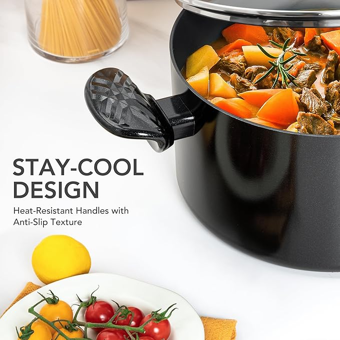 MICHELANGELO Stock Pot with Lid, 6 Quart Soup Pot with Lid, Nonstick Ceramic Cooking Pot with Stay-Cool Handle, Induction Compatible - 6QT, Black