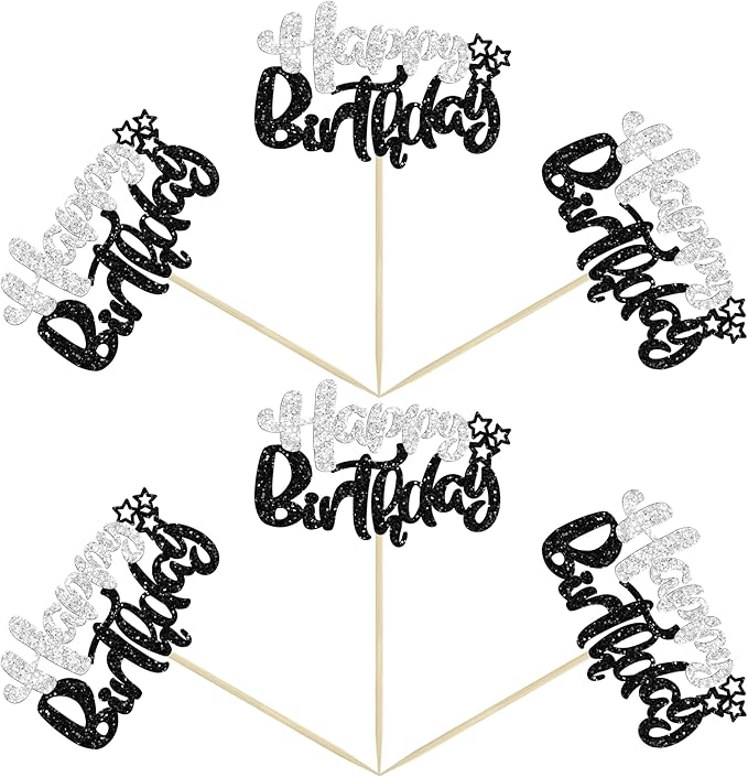 Ephlyn 24Pcs Happy Birthday Cupcake Toppers - Black Silver Glitter - Double Layer - Perfect for Birthday, Baby Shower & Anniversary Parties
