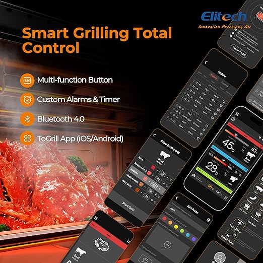 Elitech Digital BBQ Thermometer, Bluetooth Wireless Meat Thermometer for Grilling and Smoking, 2 Probes for Grill, Oven, Smoker, Rotisserie, WMT-20
