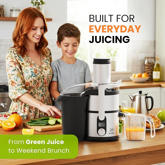 Eurolux 800W Premium Centrifugal Juicer for Whole Fruits and Vegetables – TurboJet Extraction System – 5-Speed Dial with Digital Display – Wide 3” Feed Chute – Easy to Clean – BPA-Free- Stainles Steel