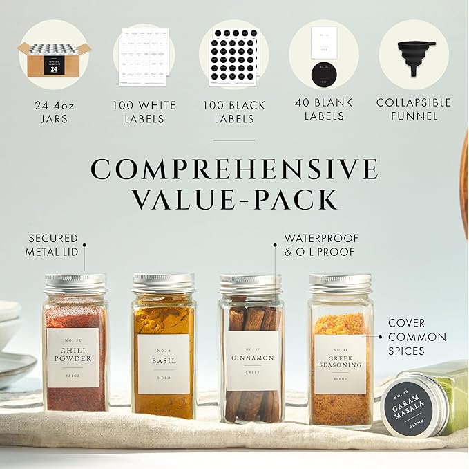 FINESSY Glass Spice Jars with Labels with Metal Lids and Shakers 24 Pack Set, 4oz Small Empty Air Tight Spice Containers with Labels, Clear Seasoning Containers Herb Bottles Kitchen Storage Organizer