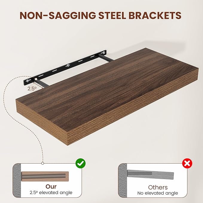 Wide Floating Shelves for Wall 12 Inch Deep, 48" X 12" X 2" Floating Shelf, 2 Inch Thick Shelf for Bathroom Bedroom Kitchen Book Room, Heavy Duty 75lbs Shelves for Farmhouse Decor Set of 2, Walnut