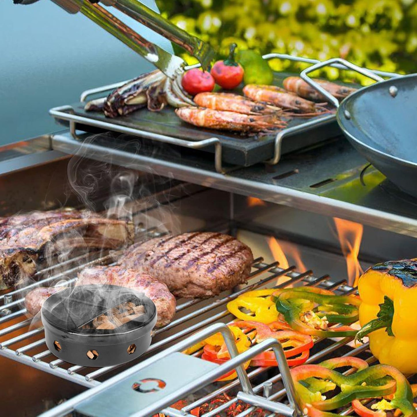 Onlyfire Wood Chip Smoker Box, 2 Pcs BBQ Smoker Box with Lid for Charcoal & Propane Gas Grill, Black