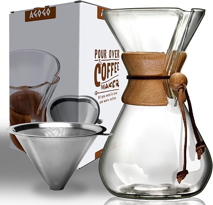 AGOGO Pour Over Coffee Maker Glass - 6/8/10 Cup Barista Kit with 304 Stainless Filter for Home, Office, Camping, Cafes - Easy Clean Coffee Dripper Set (Rag&Brush Included) (10 Cup/34oz)