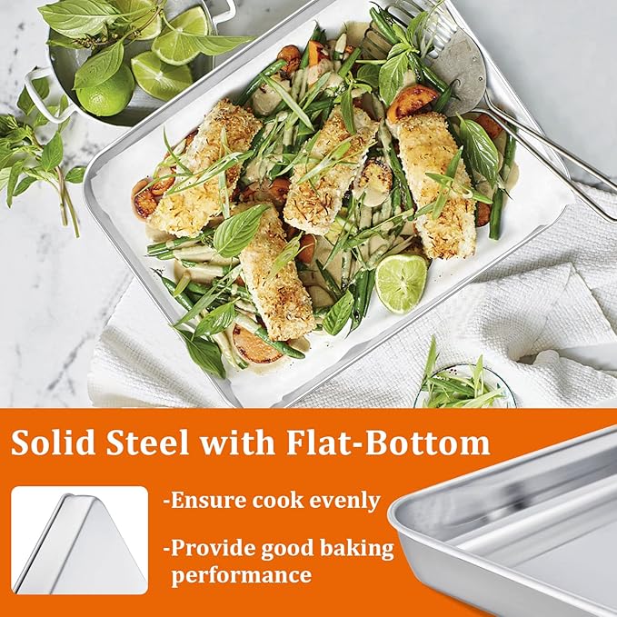 Small Baking Sheet Set of 2, E-far 9.4”x7.3” Toaster Oven Stainless Steel Cookies Sheet Pan with 50 Parchment Paper, Rectangle Mini Baking Tray for Cooking, Rust Free & Heavy Duty, Dishwasher Safe