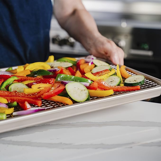 Ultra Cuisine Wire Rack Baking Sheet Pan Set - Half Sheet Pan Set with 100% Stainless Wire Rack - Dishwasher Safe - Steel Reinforced Rim - Aluminum Cooling racks for Cooking and Baking - Champagne