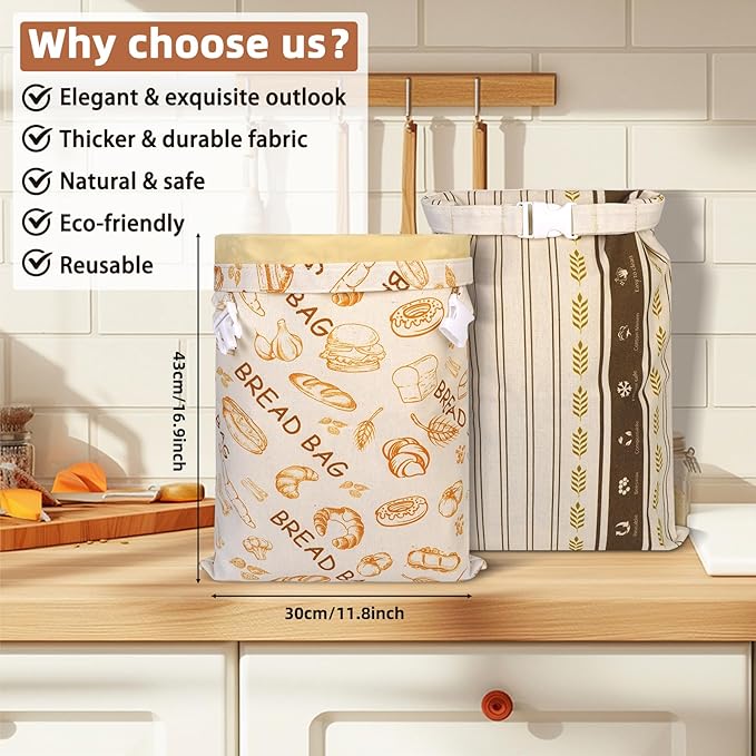 2 Pack Beeswax Bread Bags - Large Reusable Cotton Linen Food Storage Covers for Sourdough & Homemade Bread, Waxed Bags Keep Bread Fresh, Proofing Bag Freezer-Safe, Easy Clean