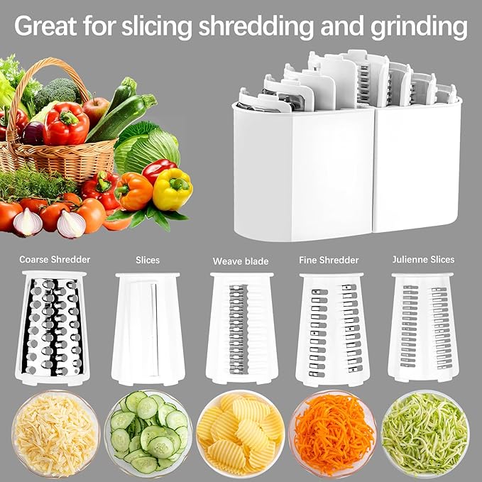 Rotary Cheese Grater, 5 in 1 Rotary Grater, Replaceable Stainless Blades Cheese Shredder, Cheese Slicer, Cheese Grater Hand Crank, Easy to Clean Kitchen Gadgets with Storage Box