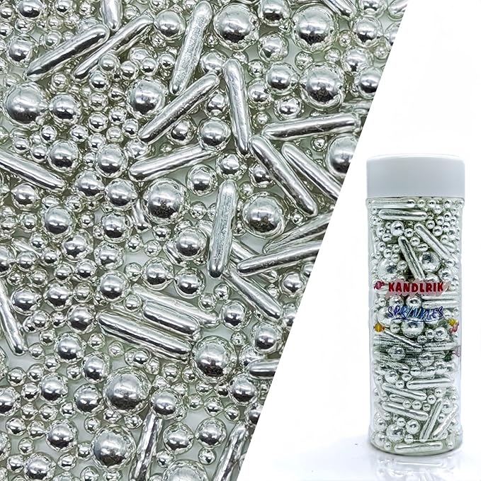 Silver Sprinkles Candy Mix Size Edible Pearls Cake Decorations Cupcake Toppers Cookie Decorating Perfect for Wedding Party Valentine Halloween Christmas Supplies 4.58OZ
