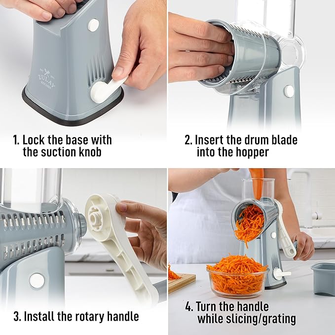 Zulay Kitchen Rotary Cheese Grater 5 Blade Cheese Shredder - Manual Hand Crank Cheese Grater With Reinforced Suction & 5 Interchangeable Drums - Easy to Use, Vegetable Chopper Round Mandoline Slicer