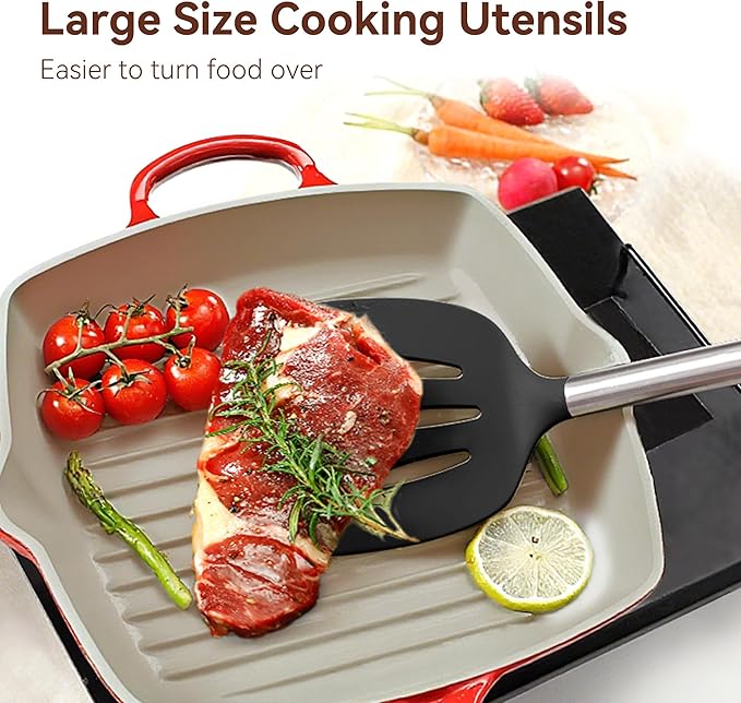 Silicone Cooking Utensils Set, NCUE 35 Pcs Kitchen Utensils Set with Holder, with Stainless Steel Handle Spatula Set, Spoons, Pasta Server, Cheese Grater, Masher, Scissors, Dishwasher Safe (Black)