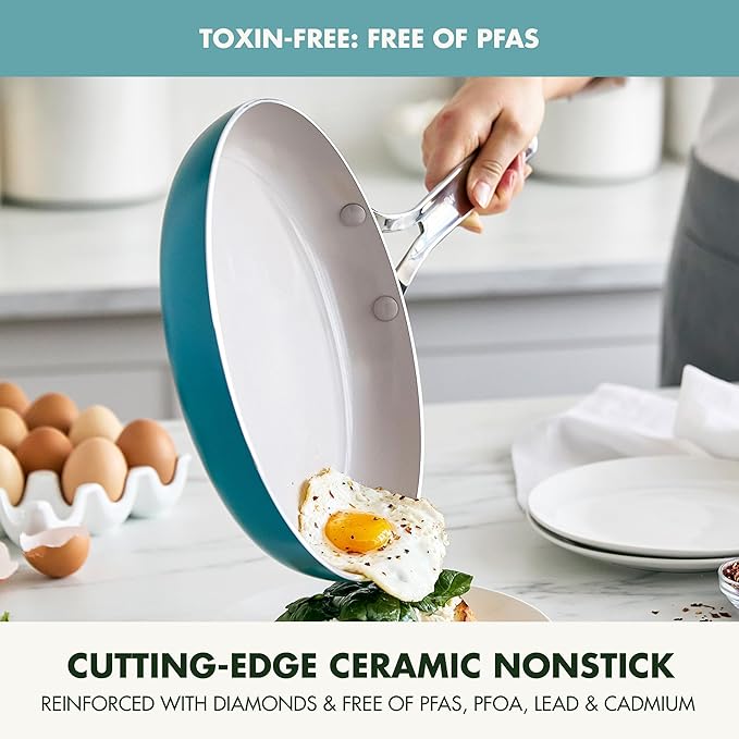 GreenPan Nova 10-Piece Cookware Pots & Pans Set, Oprah’s Favorite Things 2024, PFAS-Free Ceramic Nonstick, Fry, Sauté, Stockpot, Utensils, Lids, Induction Suitable, Dishwasher & Oven Safe, Deep Teal