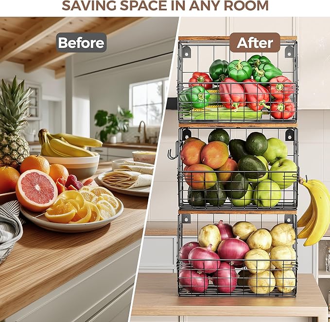 Delamu 3 Pack Stackable Metal Fruit Basket with Wood Lid-Wall Mounted&Countertop Organizer for Kitchen,Pantry- Ventilated Storage for Onions,Potatoes,Fruits,Spices,Black