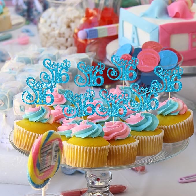 Gyufise 24 Pack 16th Birthday Cupcake Toppers Glitter Sixteen Happy Sweet 16 Cupcake Picks Cheers to 16 Years Old Cupcake Decorations for 16th Birthday Anniversary Party Supplies Light Blue