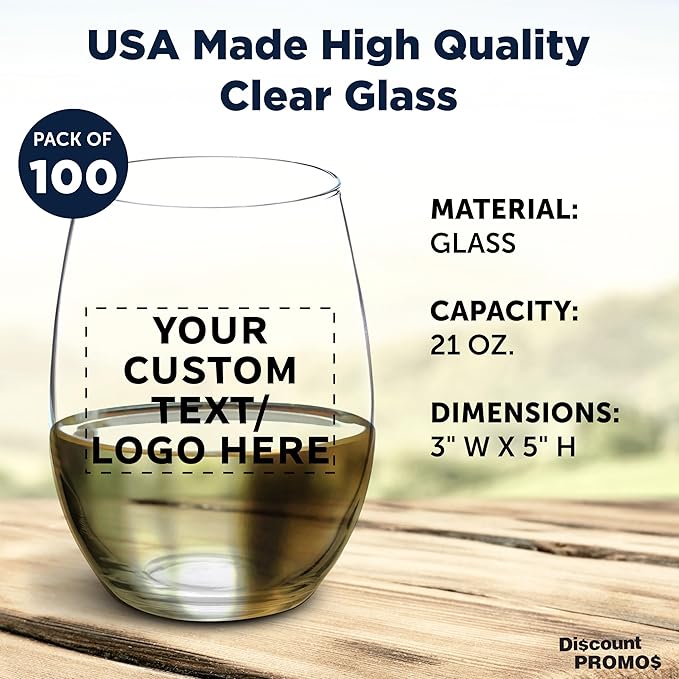 DISCOUNT PROMOS 100 ARC Stemless Wine Glasses Set, 21 oz. - Customizable Text, Logo - Chardonnay, Cabernet, Merlot, Sauvignon - Clear
