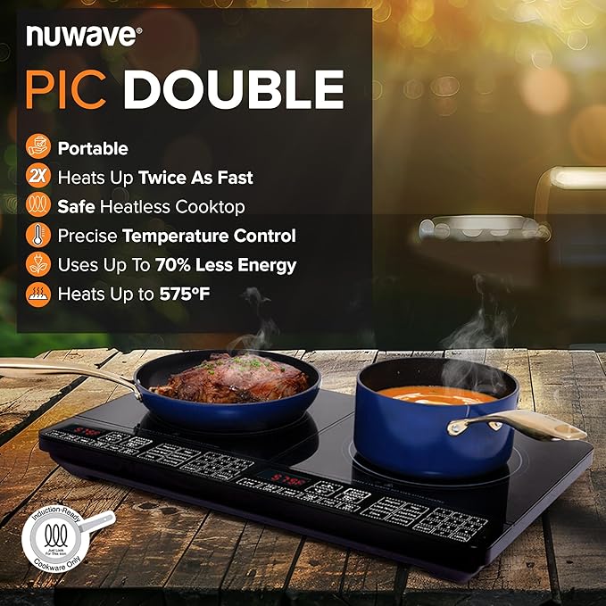 Nuwave Double Cooktop Induction Countertop Burner, Portable, 900 & 1800W, 100°F to 575°F, Large 8” Heating Coil, 50 Pre-Programmed Settings, Shatter-Proof Ceramic Glass, Built-In Safety Auto Shut Off