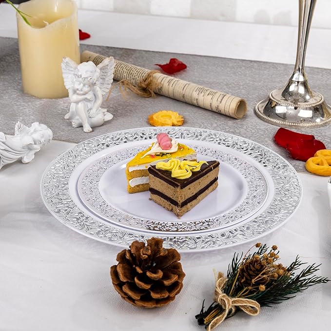 I00000 200 Pieces Silver Plastic Plates, Disposable Plastic Plates for 100 Guests Include: 100 Pcs Dinner Plate 10.25” and 100 Pcs Dessert Plate 7.5” with Silver Lace Rim Perfect for Wedding & Party