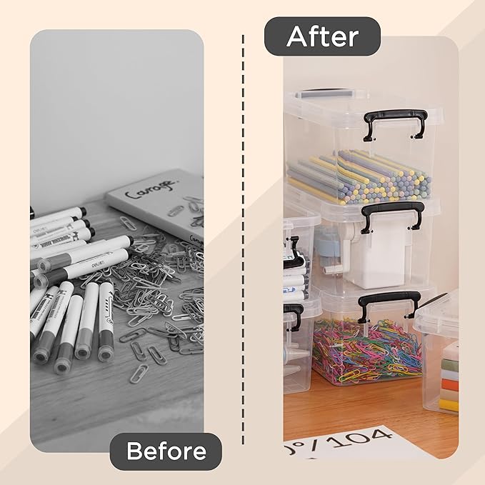 ITYLIFE CITYLIFE 4 Packs 3.5 QT Small Storage Bins with Black Handle Clear Plastic Bins with Reinforce Bottom Stackable Storage Containers for Organizing Art Supply, Craft Stuff, Markers, Small Toys