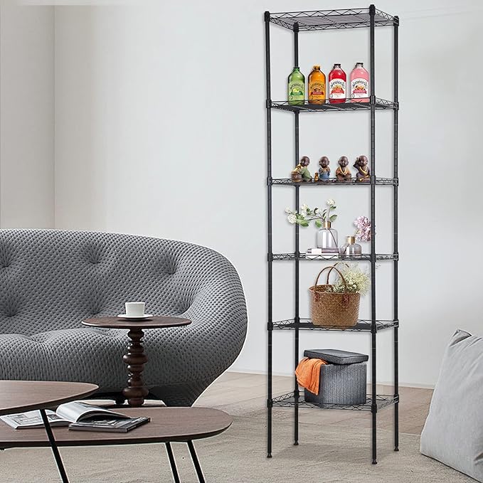 FDW 6 Tier Wire Shelving 17L x 12W x 64H Pantry Shelves Storage Rack Shelving Units Adjustable Metal Shelves for Kitchen Commercial Garage Small Places,Black