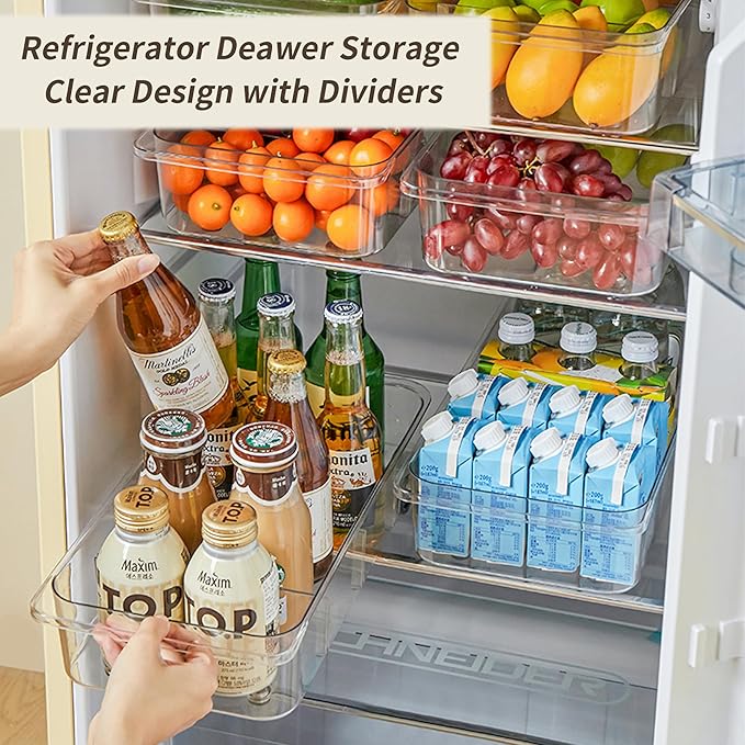 Attelite 3 Pack Fridge Organizer on Wheels,Roll Out Refrigerator Organizers and Storage Clear Design with Dividers,Upgrade Thick Plastic Storage Bins with Wheels, Kitchen Organization