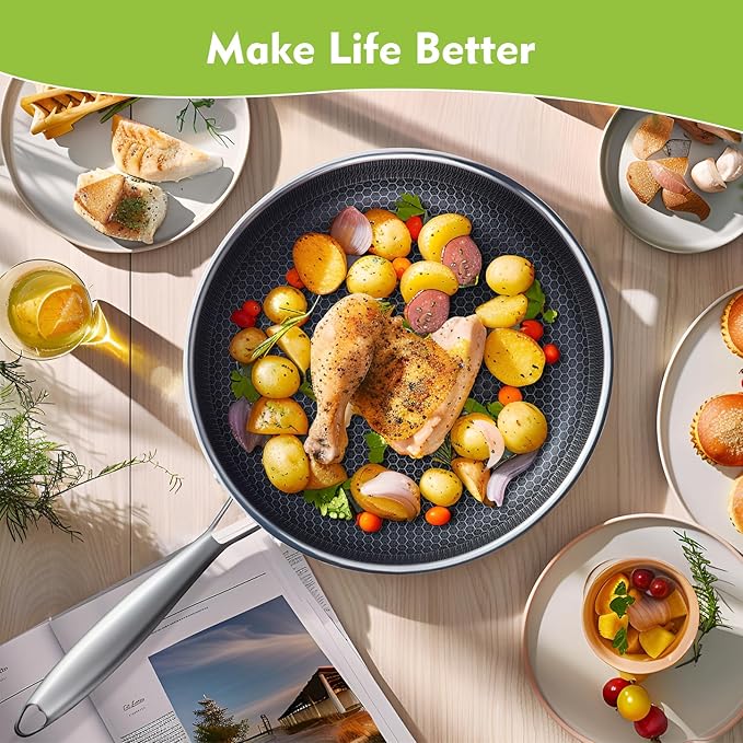 Non Stick Frying Pans, Hybrid 12 Inch Frying Pans Nonstick with Lid, Stainless Steel Skillets Chef Cookware, PFOA Free, Works on Induction,Ceramic,Gas Cooktops and Ovens