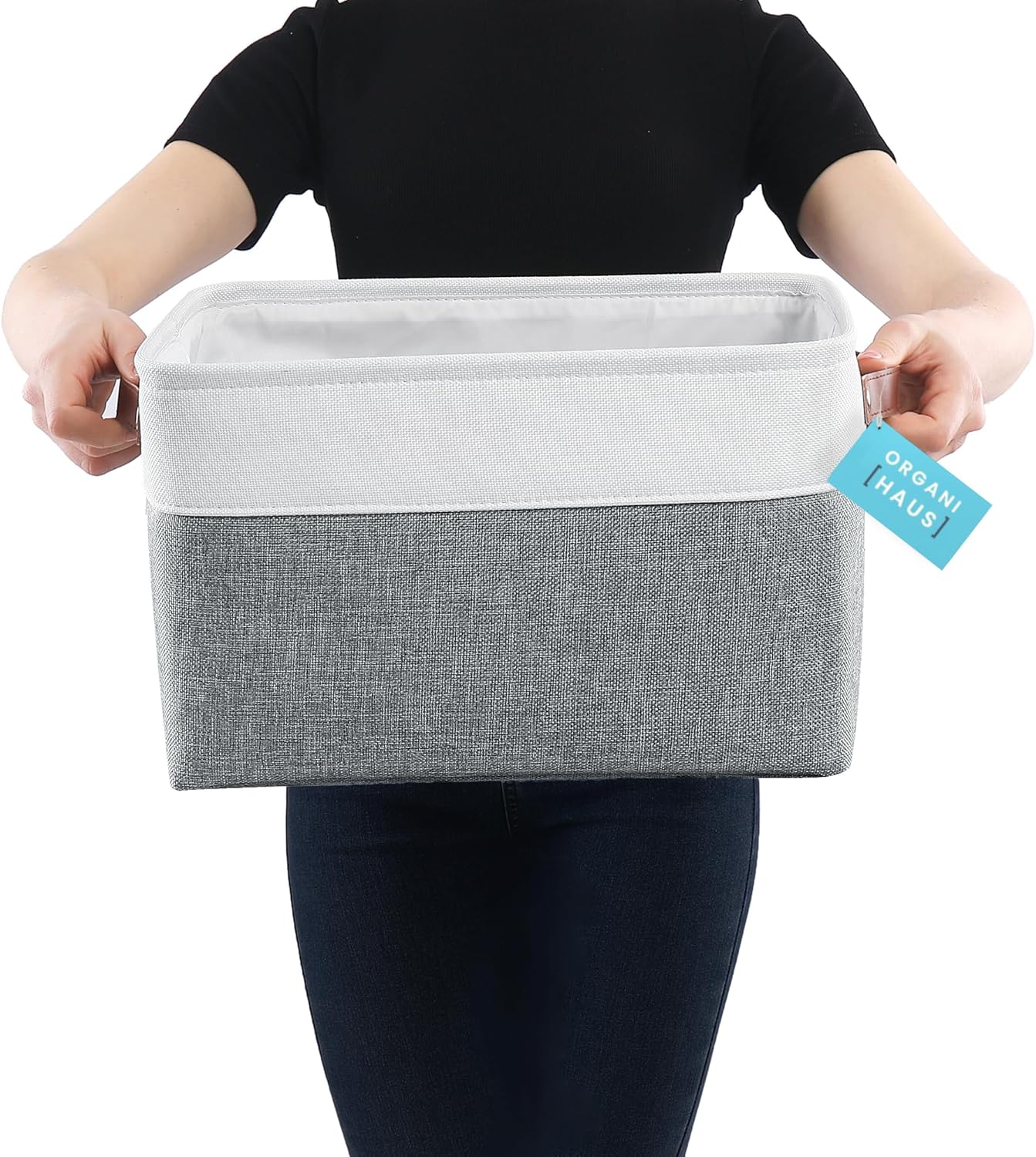 OrganiHaus Large Fabric Storage Baskets for Shelves 3 Pack, 15x11in Closet Storage Bins for Shelves, Cloth Baskets for Organizing, Linen Closet Organizers, Fabric Basket, Gray/White