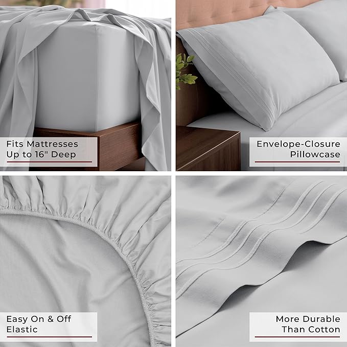 Mellanni King Sheets Set - 4 PC Iconic Collection Bedding - Hotel Luxury, Extra Soft, Cooling Bed Sheets - Wrinkle, Fade, Stain Resistant (King, Light Gray)