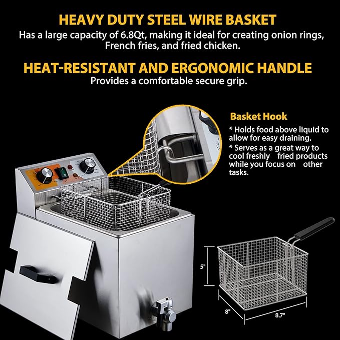 14 Qt. Electric Countertop Commercial Deep Fryer with 6.8 Qt. Basket, for Restaurant and Home - 120V, 1700W, Stainless Steel Build