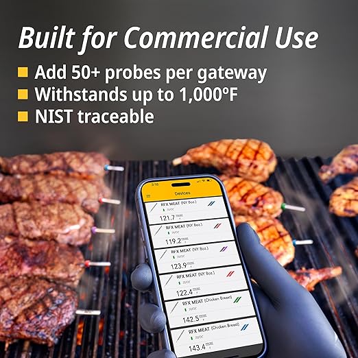RFX | Smart Wireless Meat Thermometer | Wi-Fi & Radio Frequency | Stronger Signal Than Bluetooth | Meat Probe for Use in Smoker, Grill, BBQ, Oven - 4-Probe Kit