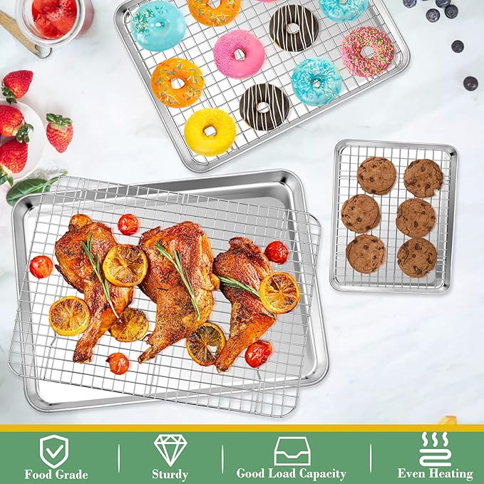 TeamFar Baking Sheet with Rack Set (3 Pans + 3 Racks), Stainless Steel Baking Pan Cookie Sheet with Cooling Rack, Non Toxic & Heavy Duty, Easy Clean & Dishwasher Safe