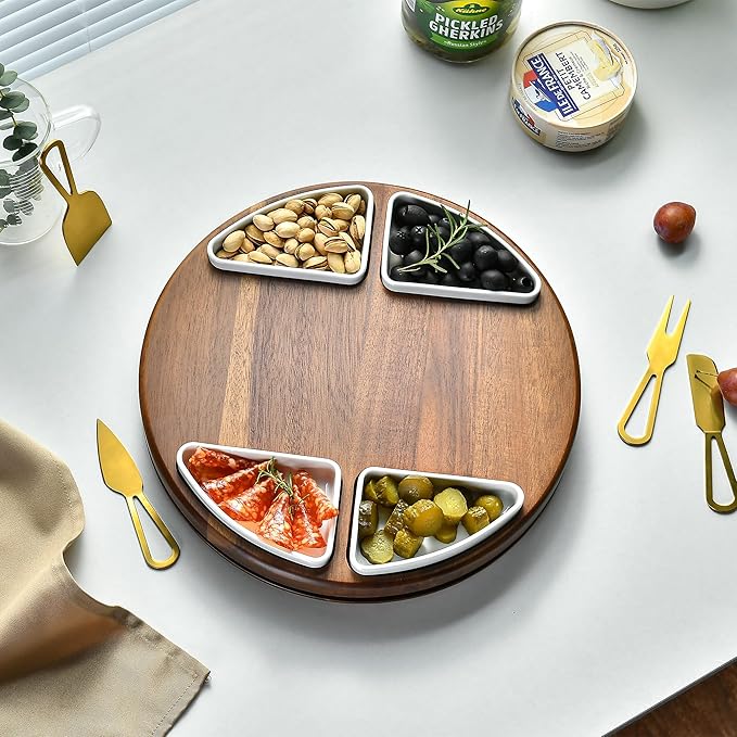 Shanik Upgraded Lazy Susan Cheese Cutting Board Set - Round Acacia Charcuterie Board With 4 Ceramic Bowls - Wedding Gifts - Cheese Serving Platter - Bridal Shower