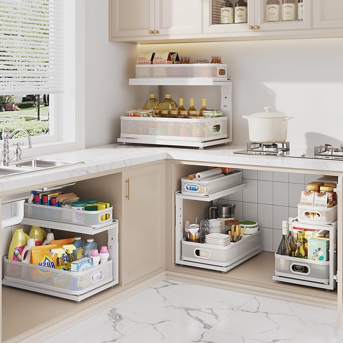 2 Pack 18.5IN-Depth Under Sink Organizer With Next-Gen Ball-Bearing Slides,2-Tier Precision Mesh Pull Out Cabinet Storage for Bathroom&Kitchen,Height Adjustable Drawers Shelf,Anti-rust-White