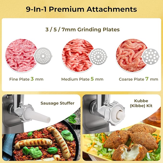 Meat Grinder Electric 9-In-1 Grinder 1700W For Meat with Attachments Sausage Maker, Kubbe Kit Stainless Steel Juicer, 3 Grinding Plates Meat Grinder for Home & Kitchen