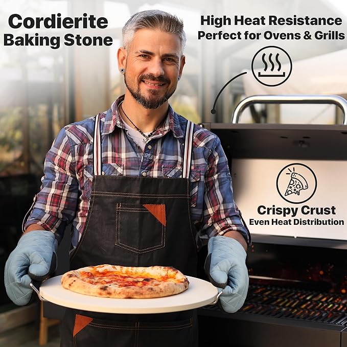 KitchenStar 16-inch Pizza Making Set, 4 Essential Tools - Pizza Stone + Stainless Steel Rack, Acacia Wood Pizza Peel, Pizza Cutter Rocker + Protective Cover, Metal Brush - Oven & Grill Accessories Kit