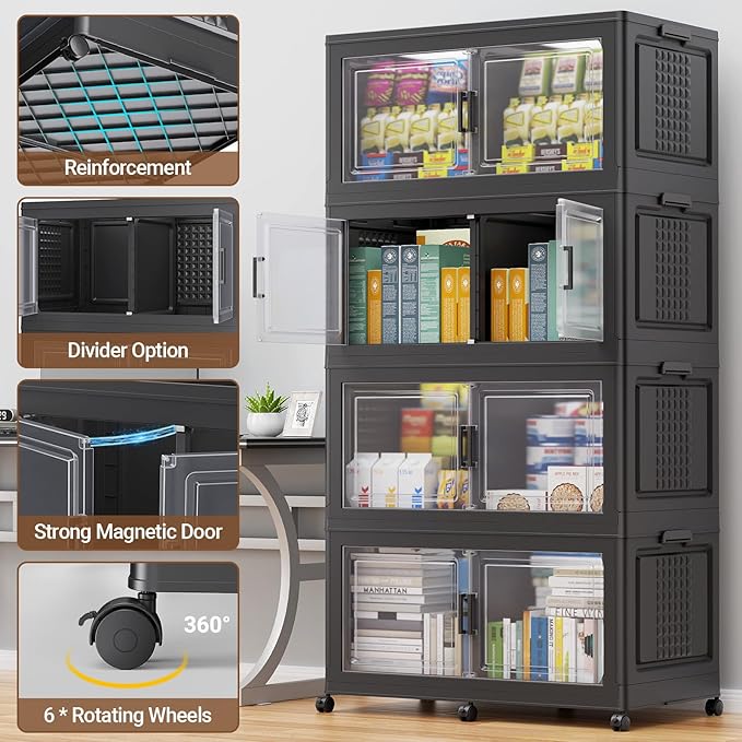 19.5" H 50Gal Plastic Storage Bin with Lid & Wheels,1Pack Extra Large Stackable Storage Bin with Divider,Closet Organizers and Storage Cabinet Shelves Collapsible Box for Home Kitchen,Black