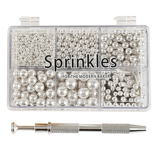 Kasvan silver Mix Sugar Sprinkles - Edible Candy Pearls with 4-Claw Sprinkle Pen,118g/4.16 Oz, Gift Box Pack, Baking Cake Decorations, Ice Cream Toppings and Cookie Decorating, Wedding Party Chirstmas Supplies