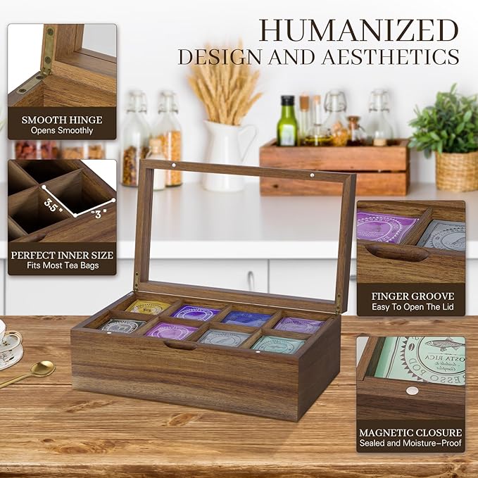 Acacia Wood Tea Bag Organizer, 8 Compartments Tea Box Organizer Storage Box, Teabag Holder Organizers with Clear Acrylic Window, Magnetic Lid and Removable Dividers